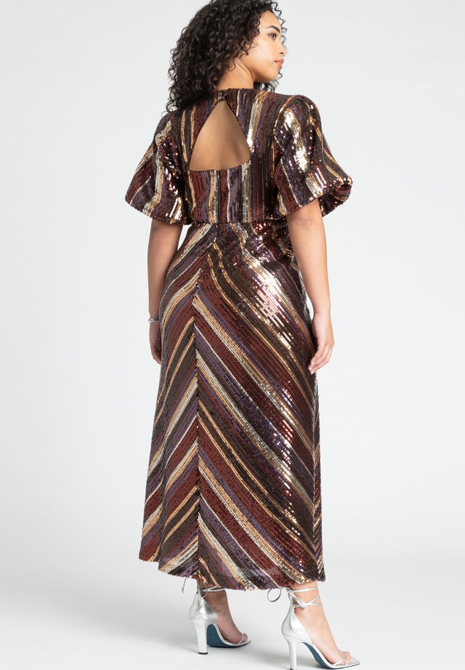 Striped Sequin Dress With Puff Sleeve image number null