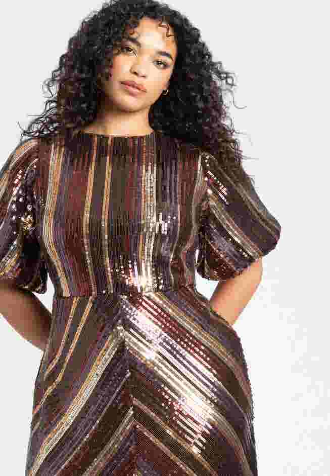 Striped Sequin Dress With Puff Sleeve image number 3