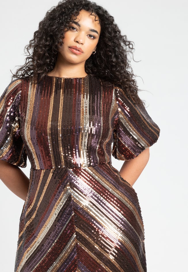 Striped Sequin Dress With Puff Sleeve image number null