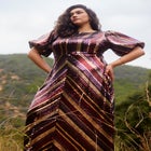 Striped Sequin Dress With Puff Sleeve image number null