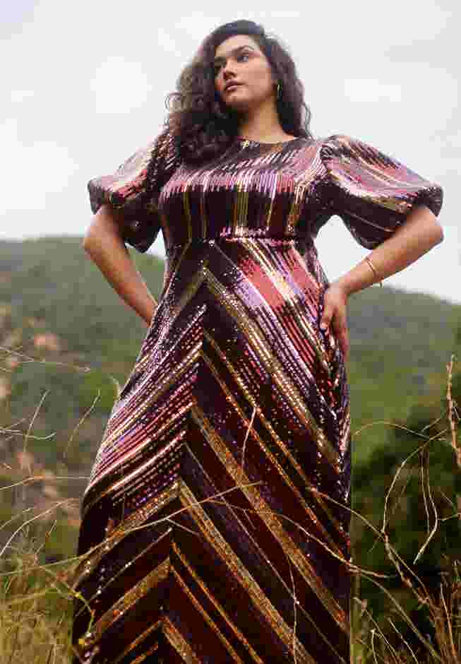 Striped Sequin Dress With Puff Sleeve image number 0