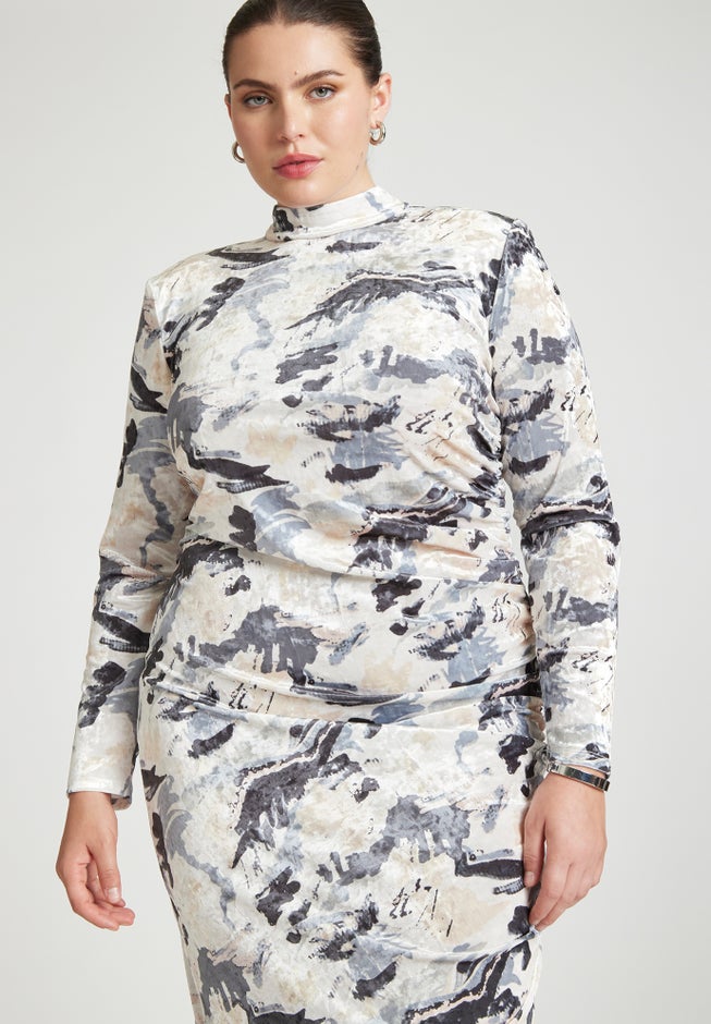 Printed Velvet Mock Neck Dress image number null