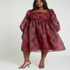 Plaid Puff Sleeve Midi Dress image number null