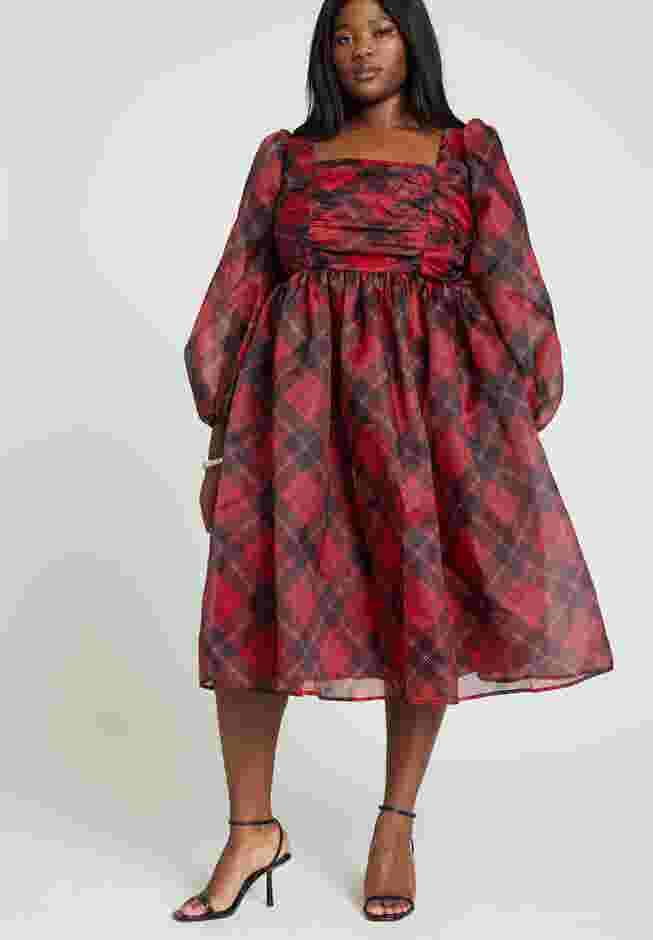Plaid Puff Sleeve Midi Dress image number 1