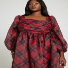 Plaid Puff Sleeve Midi Dress image number null