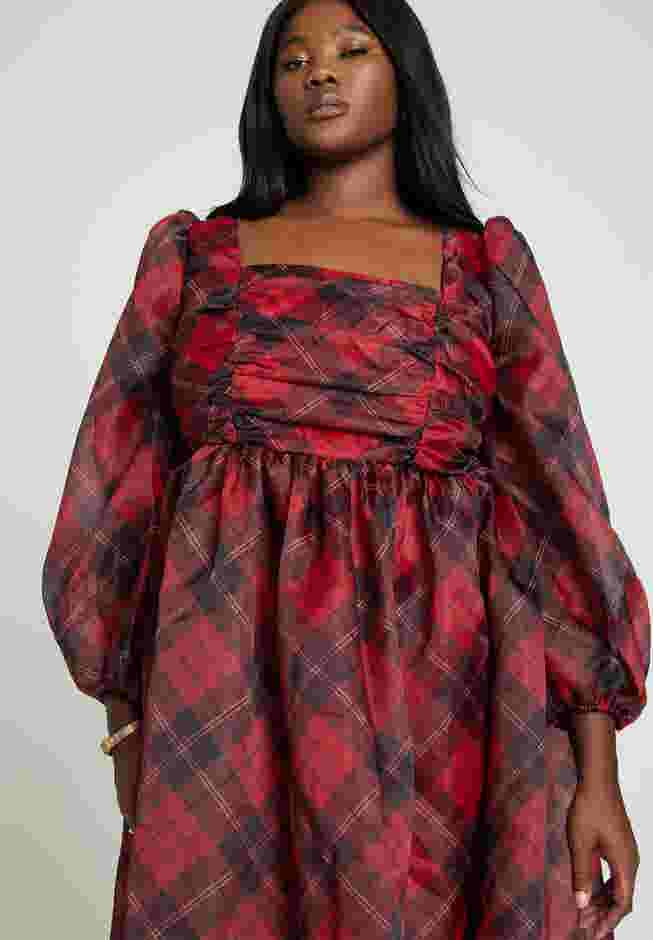 Plaid Puff Sleeve Midi Dress image number 2