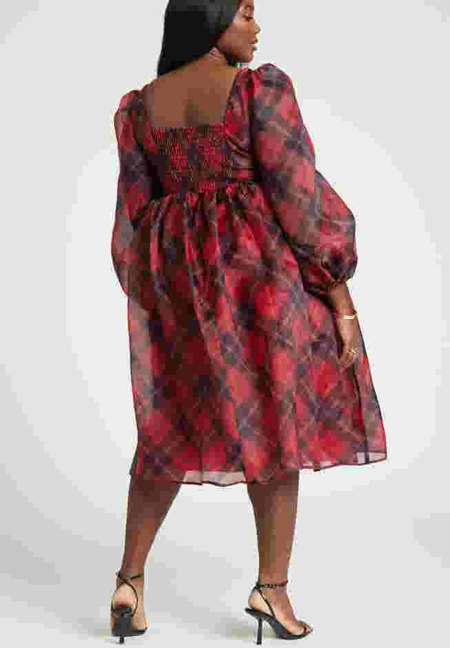 Plaid Puff Sleeve Midi Dress image number 3