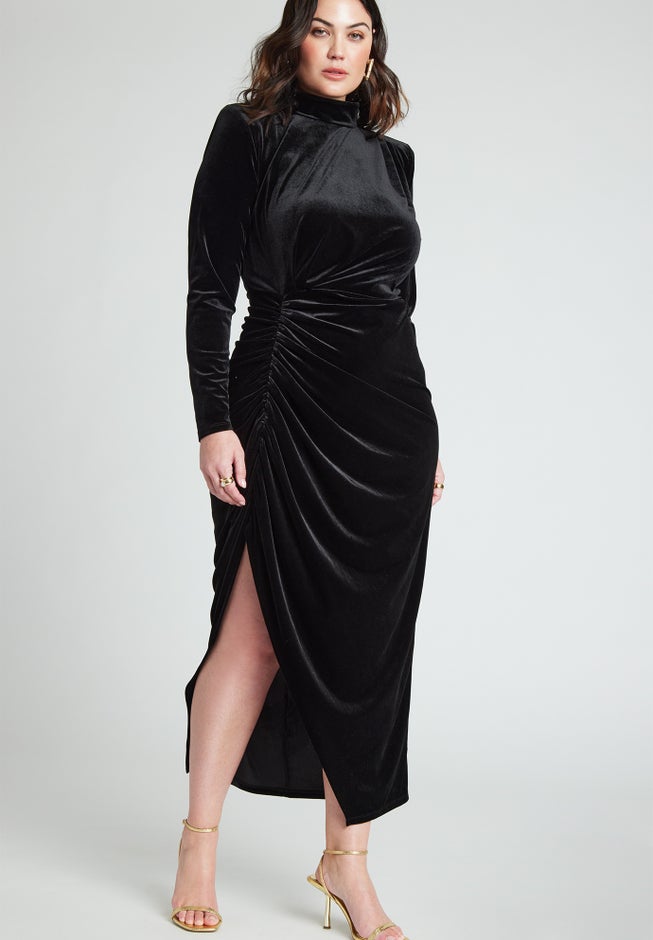 Mock Neck Velvet Dress With Slit image number 1