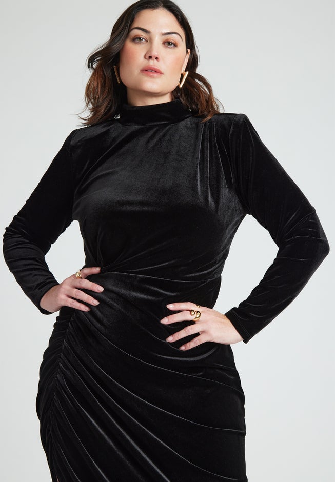 Mock Neck Velvet Dress With Slit image number 3