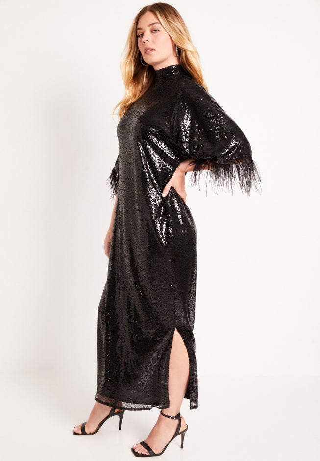 Feather Trim Kimono Sequin Dress image number 2