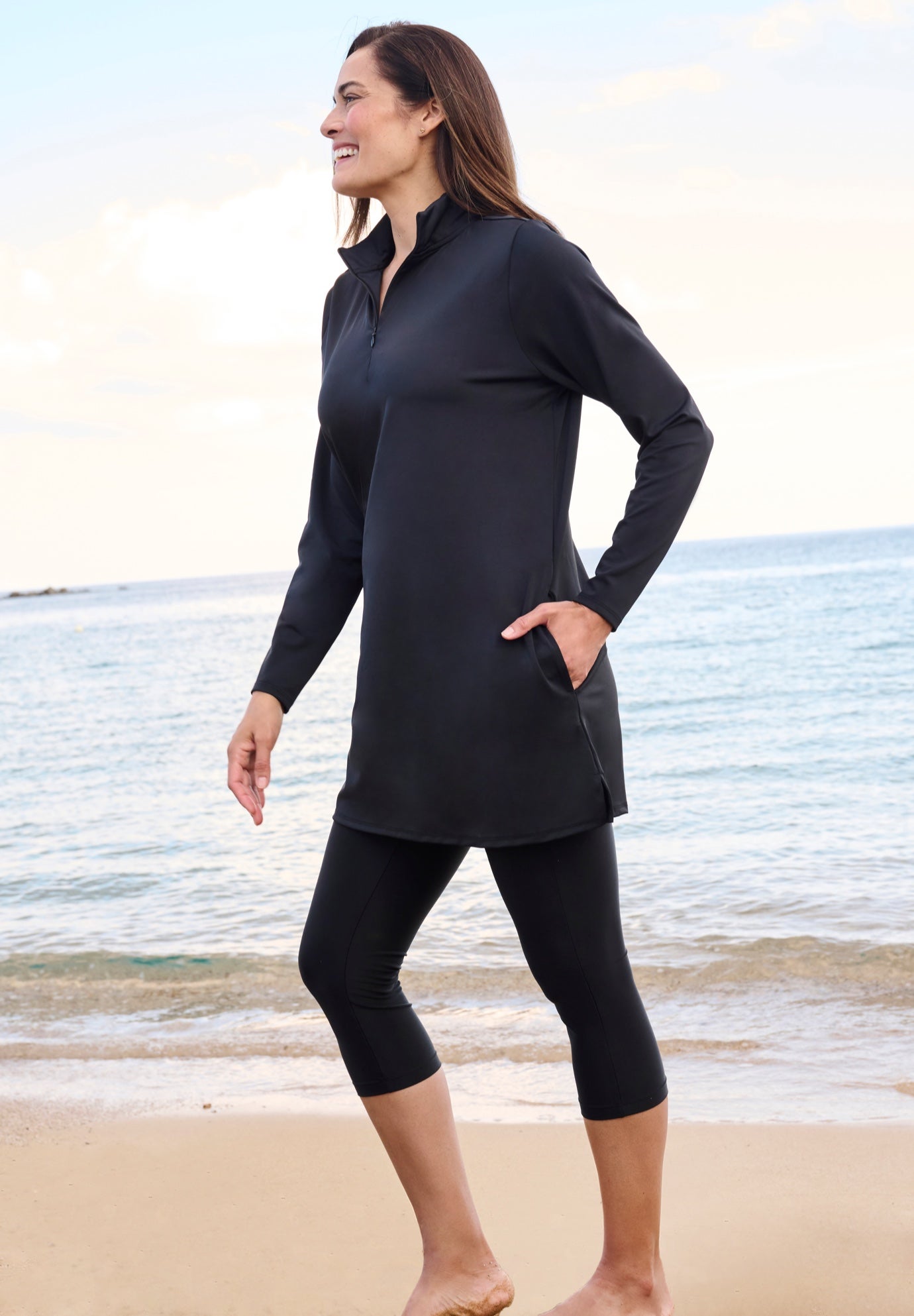 Chlorine Resistant Long-Sleeve Mock Neck Swim Tee image number 2