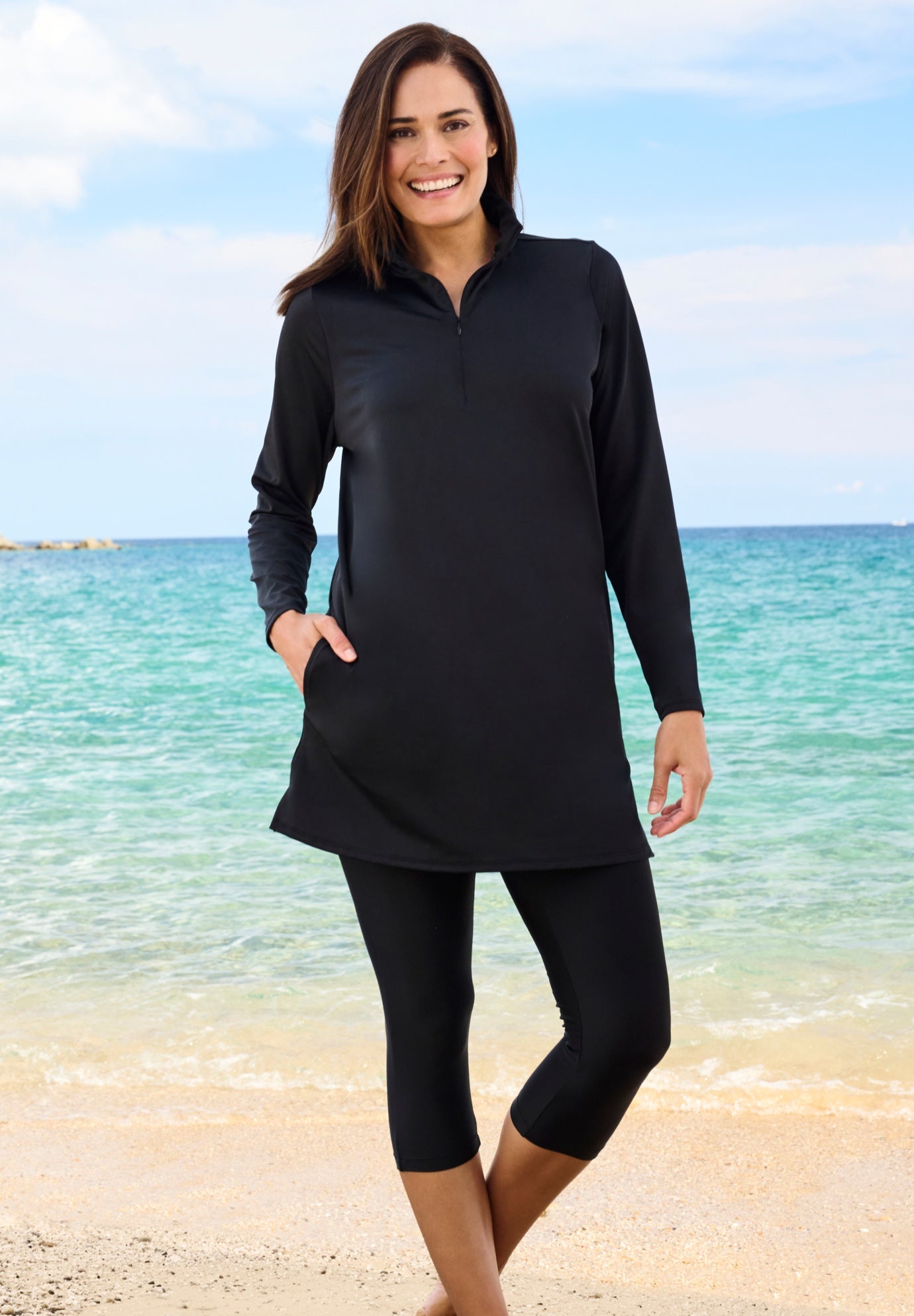 Chlorine Resistant Long-Sleeve Mock Neck Swim Tee image number 0