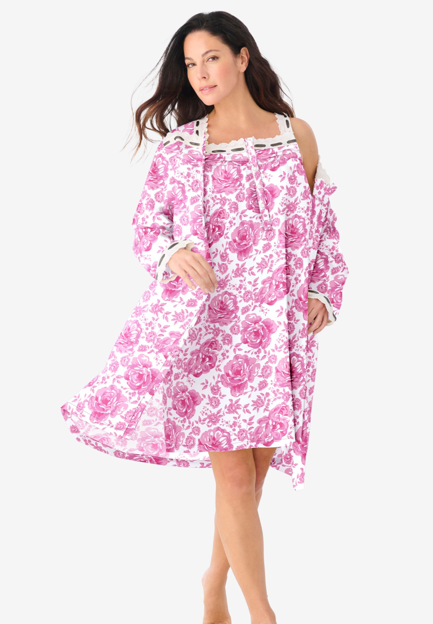 Short 2-Piece Cabbage-Rose Peignoir Set image number 0