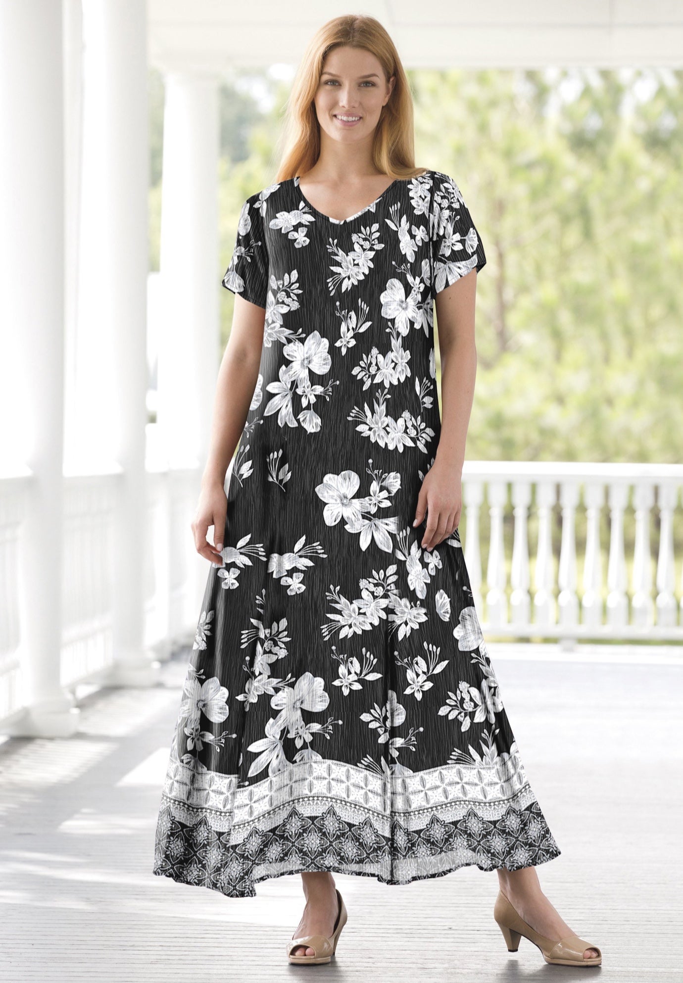 Printed Short-Sleeve Crinkle Maxi Dress image number 0