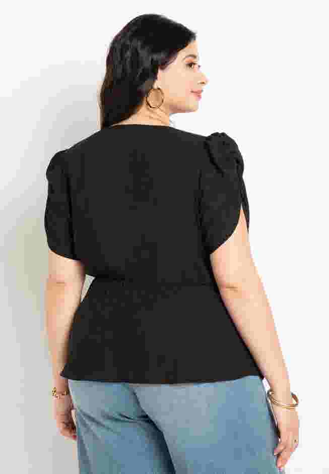 V Neck Flat Peplum With Shirred Sleeve image number 1