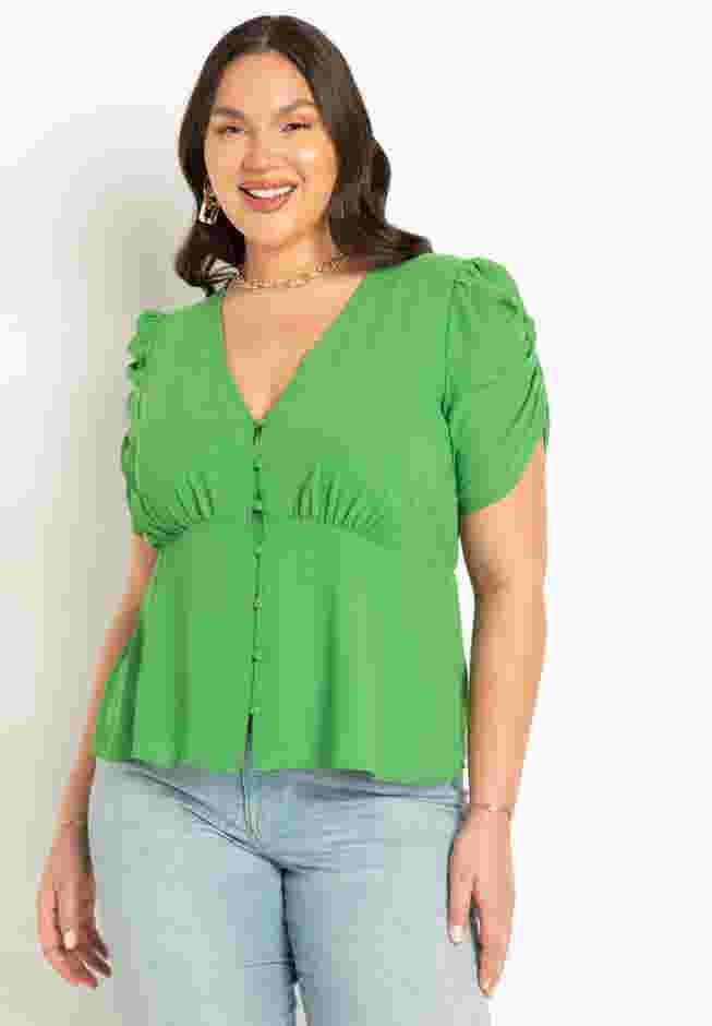 V Neck Flat Peplum With Shirred Sleeve image number 0