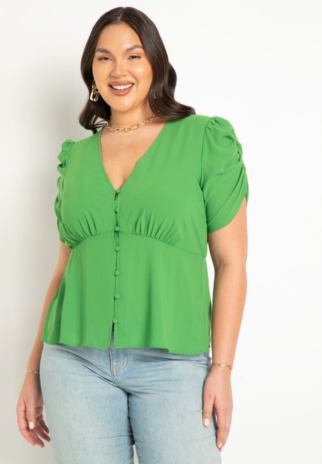 V Neck Flat Peplum With Shirred Sleeve image number null