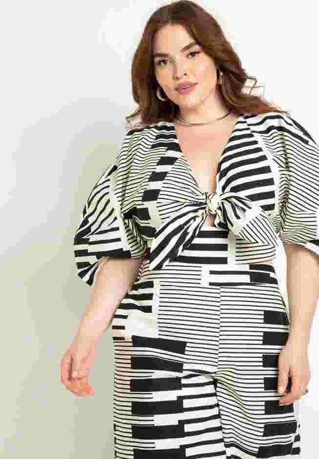 Puff Sleeve Tie Front Crop Top image number 1
