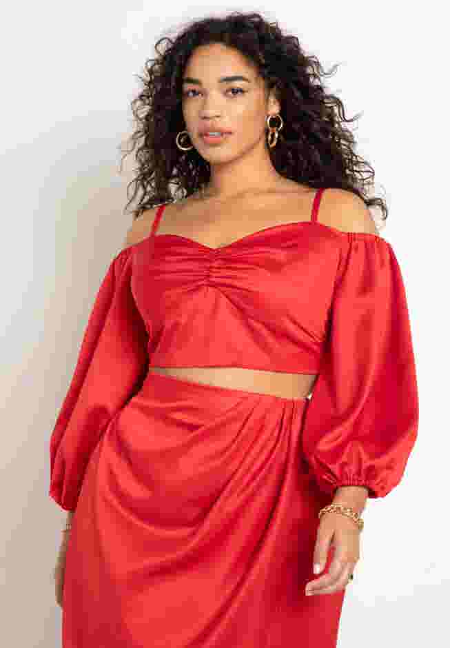 Sweetheart Neckline Cropped Satin Blouse image number 0