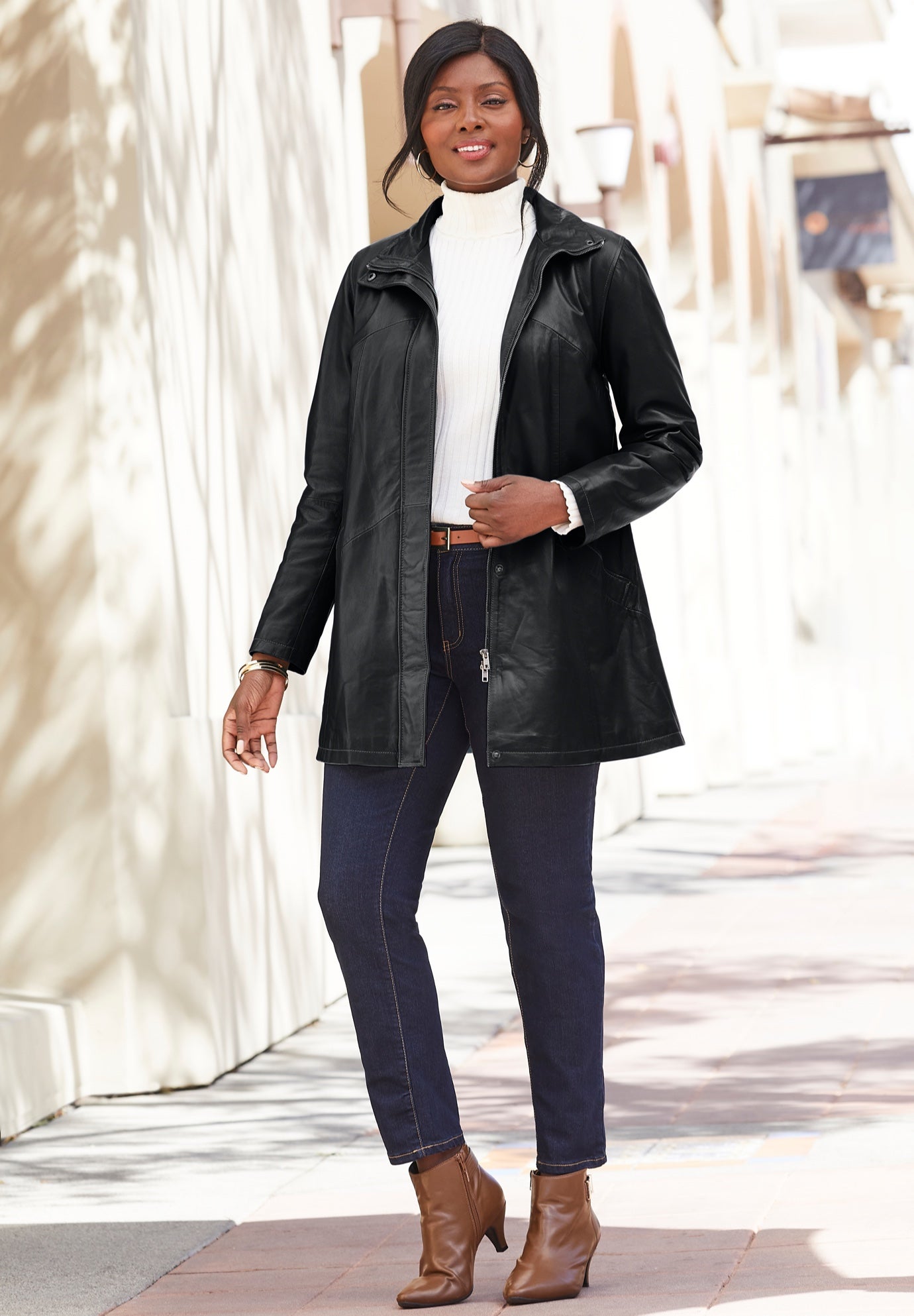 A-Line Zip Front Leather Jacket image number 1