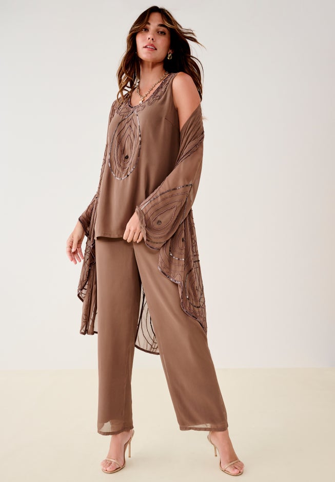 Plus Size Beaded Georgette Scoop Neck 3-Piece Pant Set image number 3