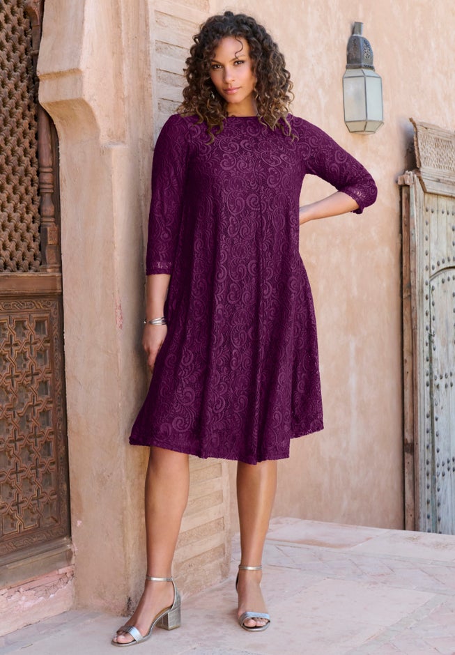 Plus-Size 3/4 Sleeve Boatneck Lace Swing Dress image number 4
