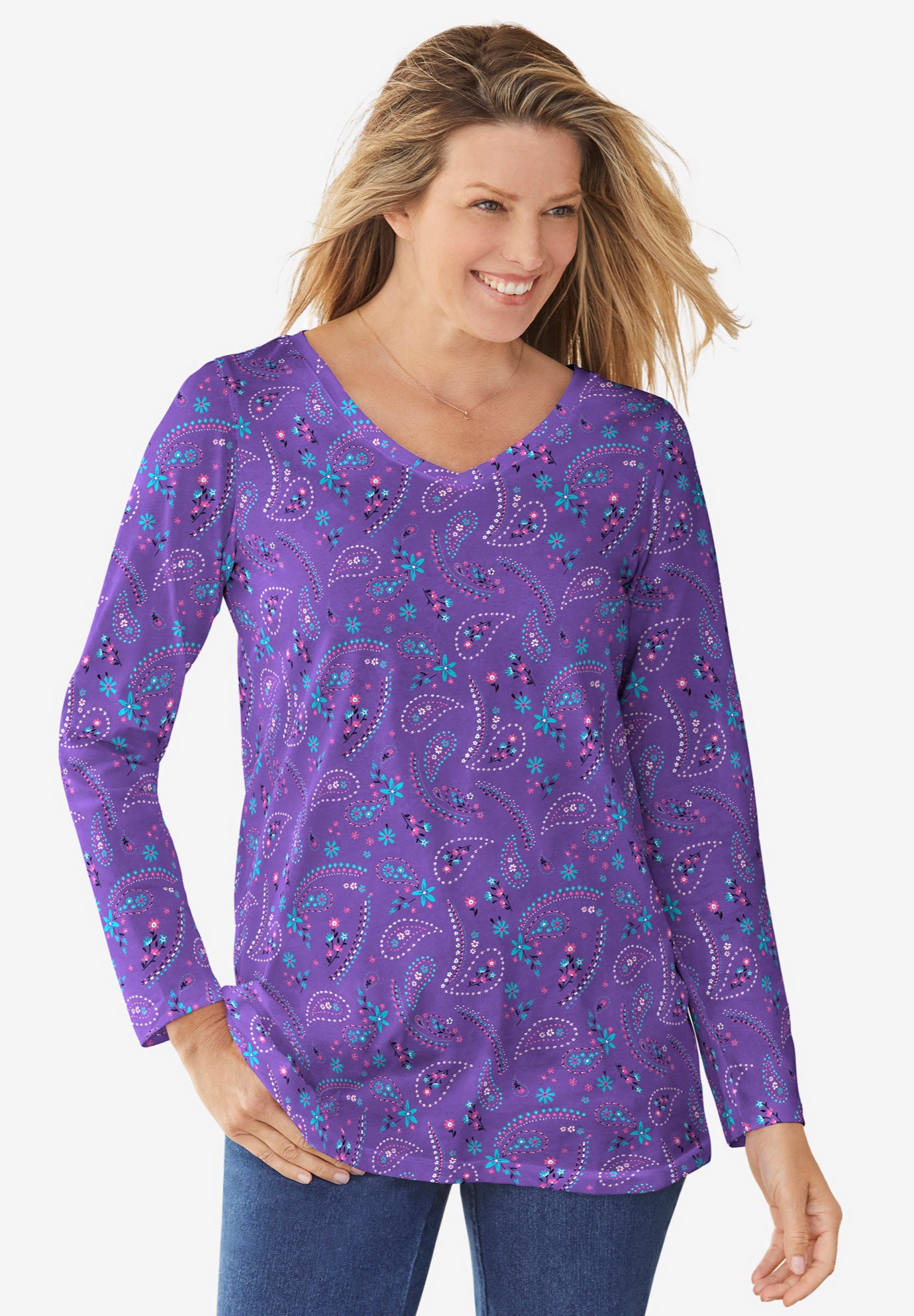 Perfect Printed Long-Sleeve V-Neck Tee image number 0