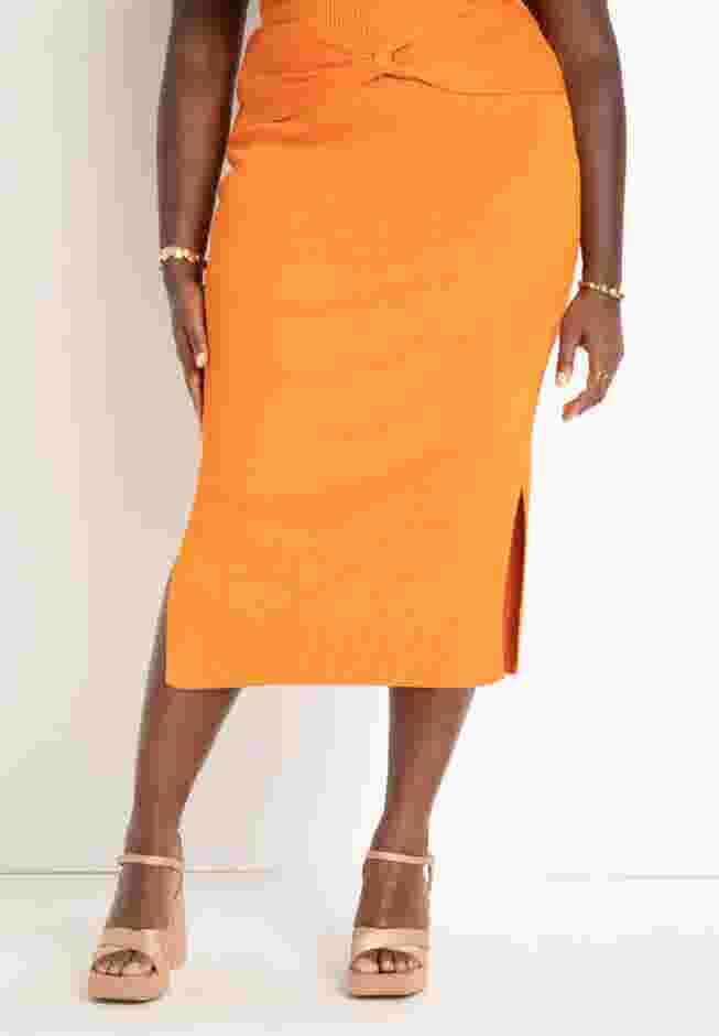 Twist Knit Midi Skirt with Slits image number 1