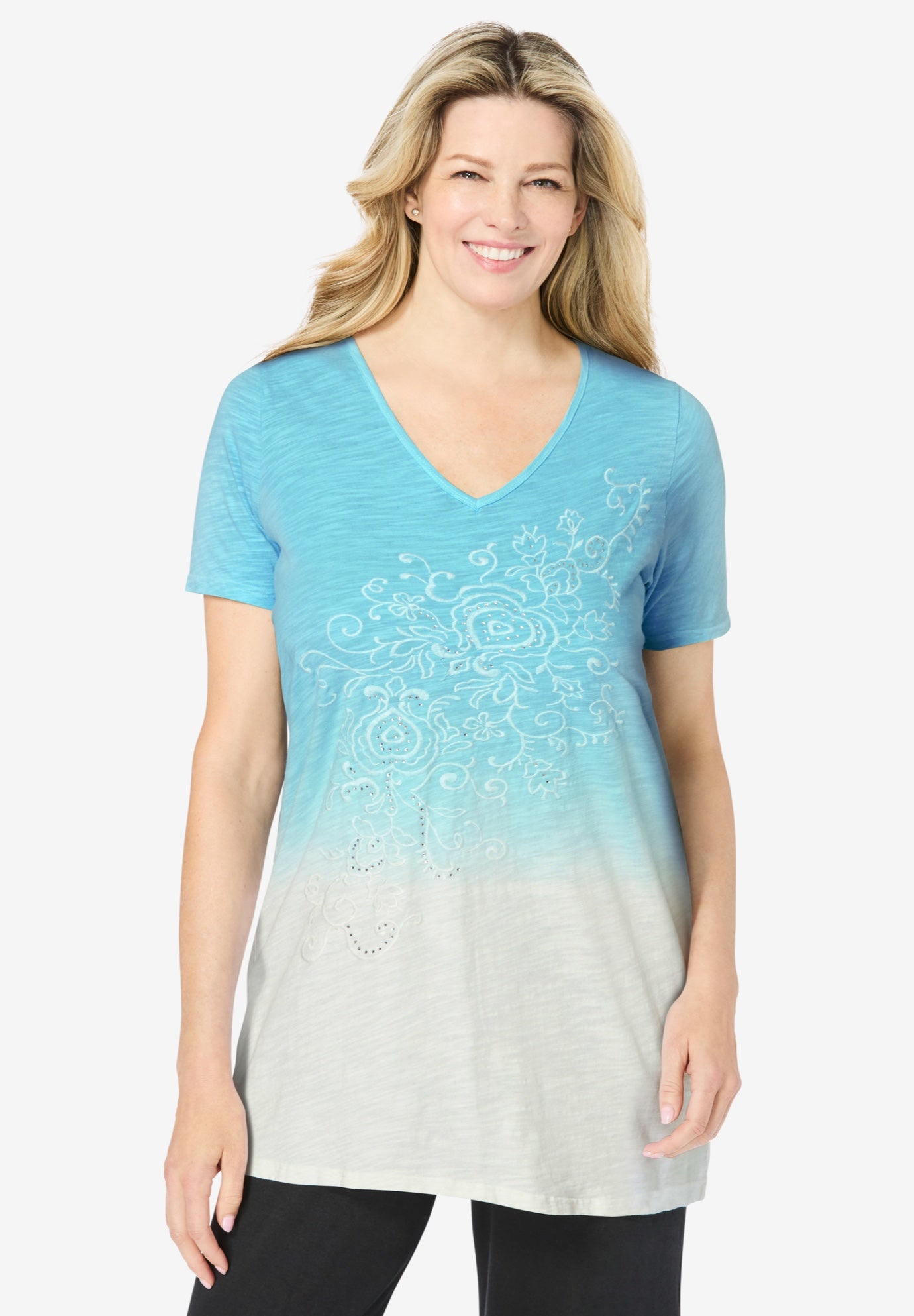 Short-Sleeve V-Neck Embroidered Dip Dye Tunic image number 0