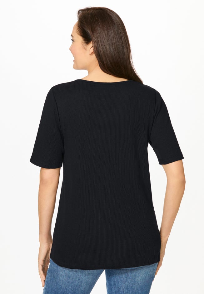 Ribbed Square Neck Elbow-Sleeve Tee image number 1