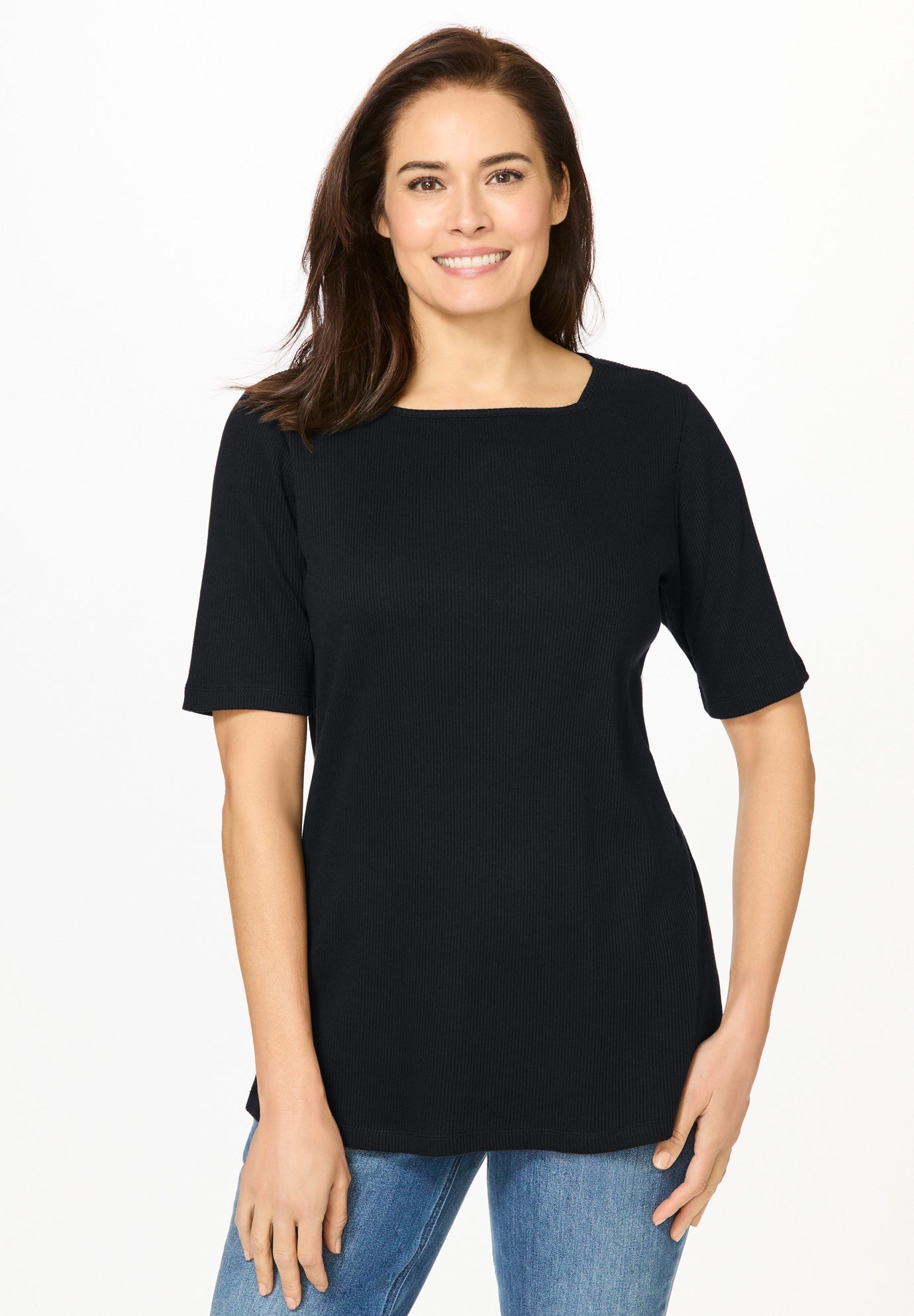 Ribbed Square Neck Elbow-Sleeve Tee image number 0