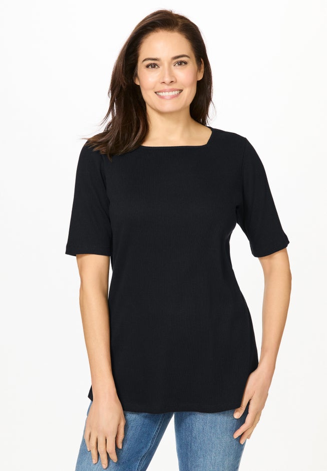 Ribbed Square Neck Elbow-Sleeve Tee image number 0