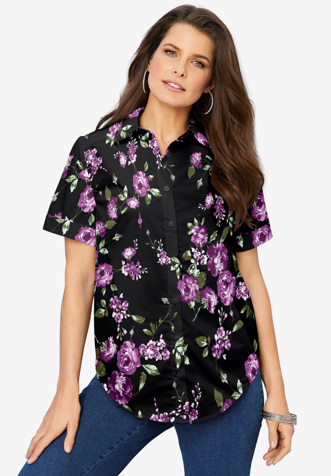 Plus Size Kate Short Sleeve Easy Cotton-Blend Button-Front Shirt image number 0