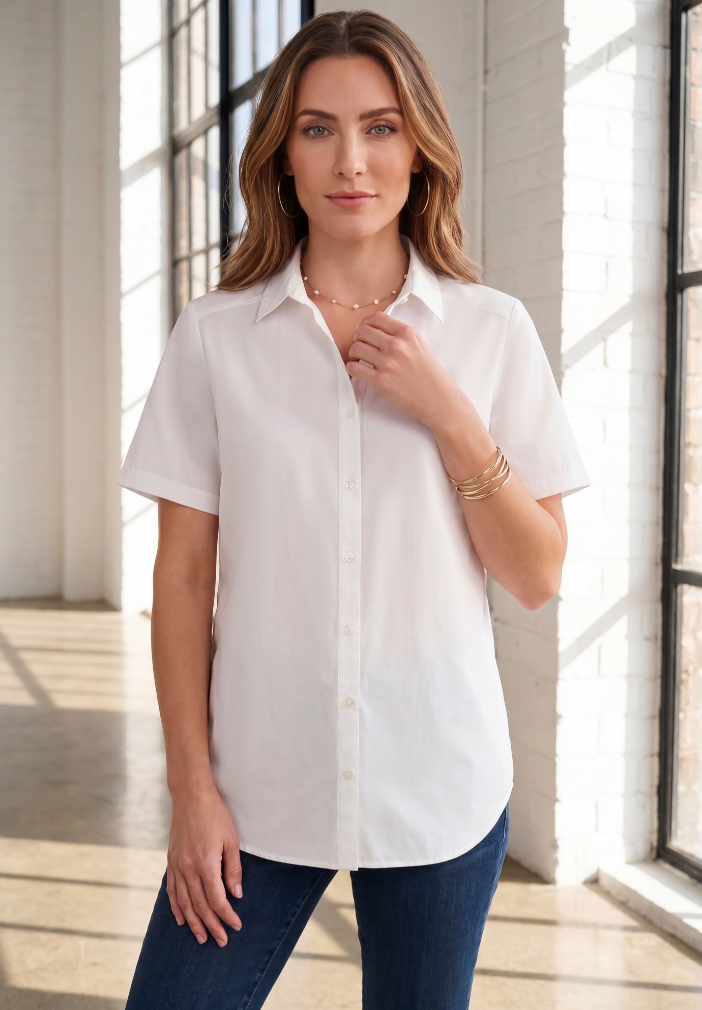 Plus Size Kate Short Sleeve Easy Cotton-Blend Button-Front Shirt image number 0