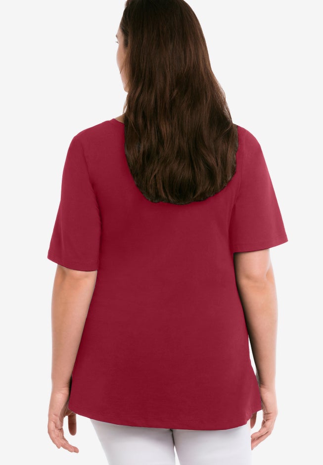 Stretch Knit V-neck Short Sleeve Chest Pocket Tunic image number 1