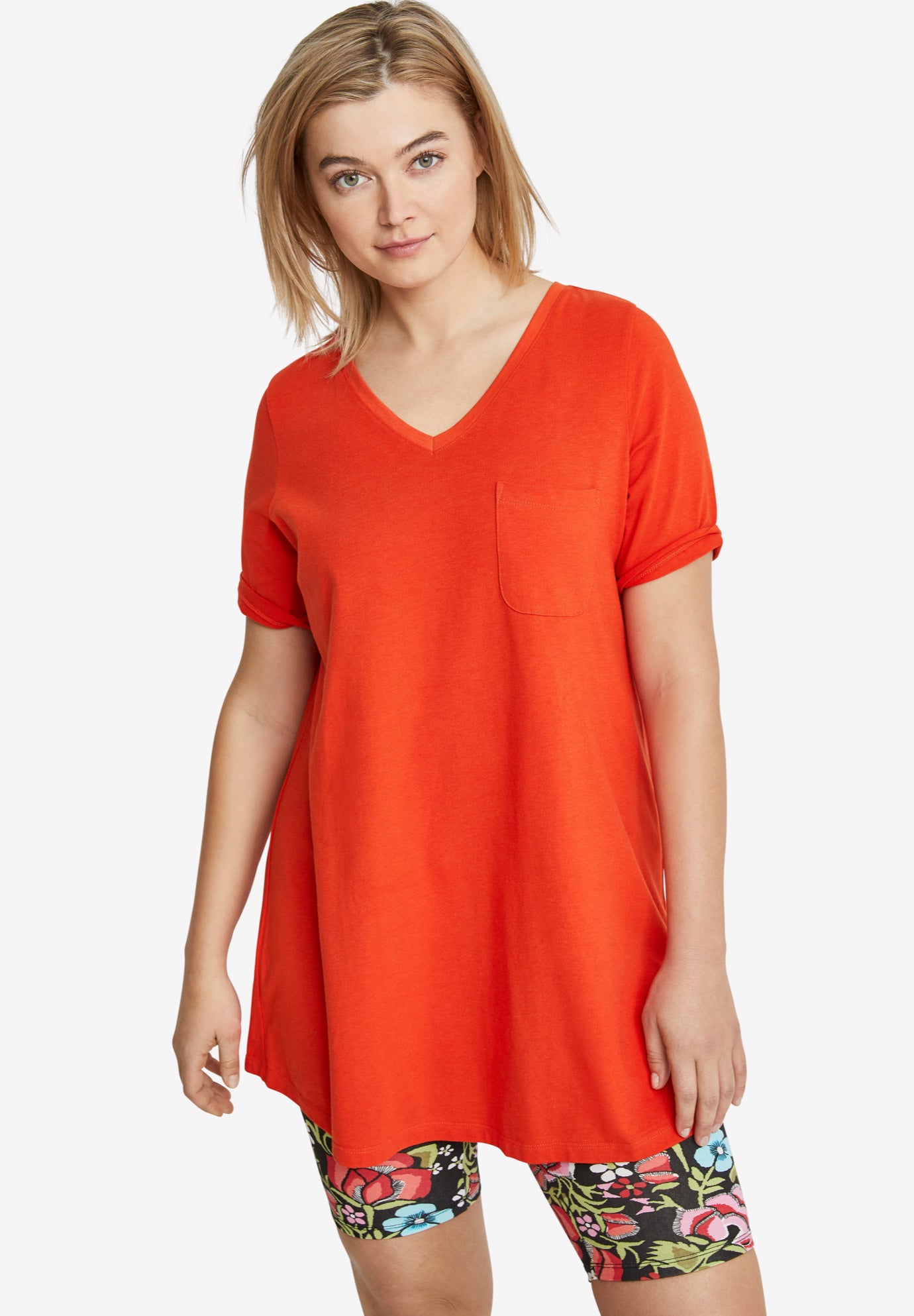 Stretch Knit V-neck Short Sleeve Chest Pocket Tunic image number 0