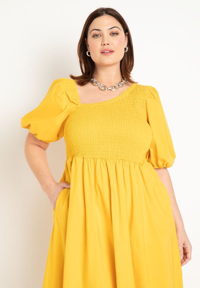 Smocked Bodice Asym Neck Dress image number null