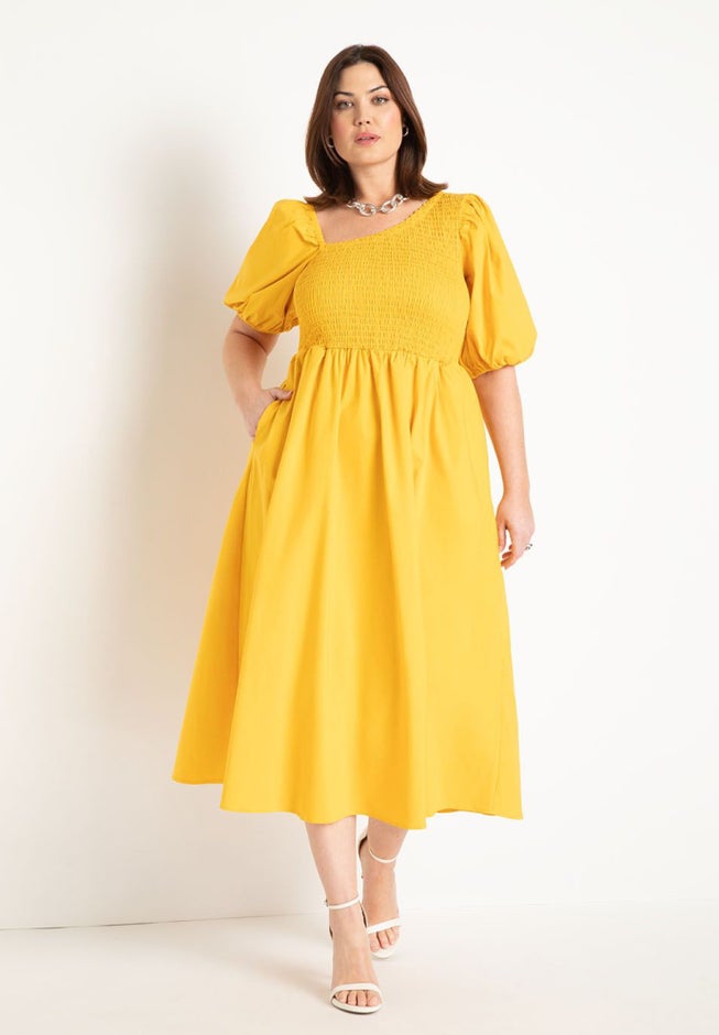 Smocked Bodice Asym Neck Dress image number null