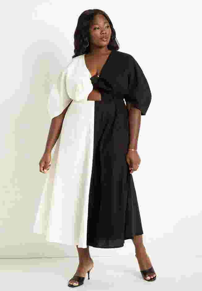 Two-Tone Linen Dress With Tie Front image number 1