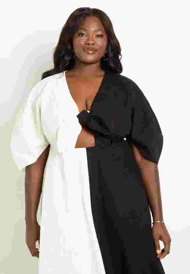 Two-Tone Linen Dress With Tie Front image number 2