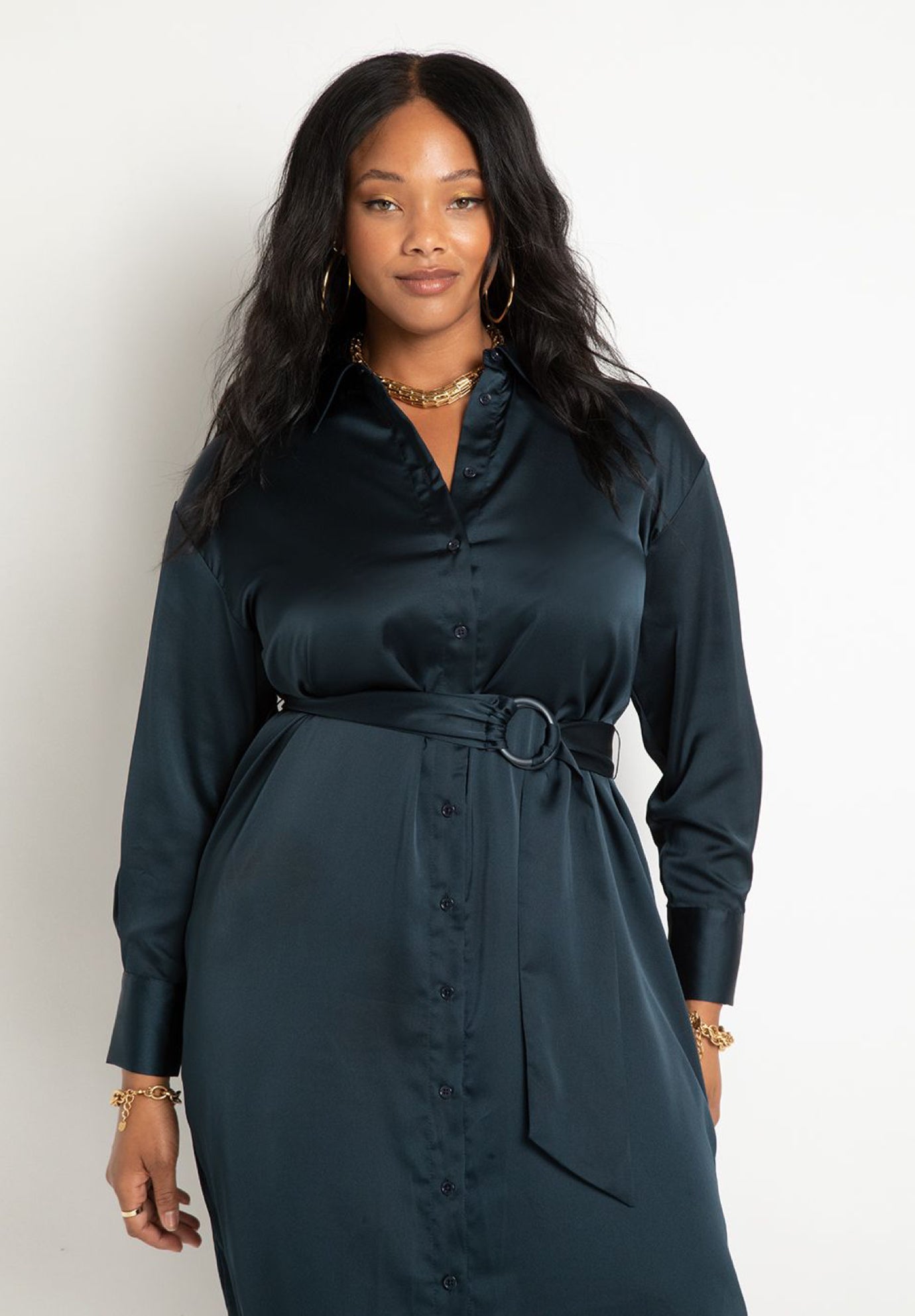 Satin Button Down Maxi Shirtdress image number 1