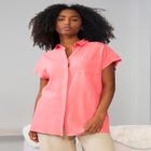 Linen-Blend Button-Front Short Sleeve Collared Tunic image number null