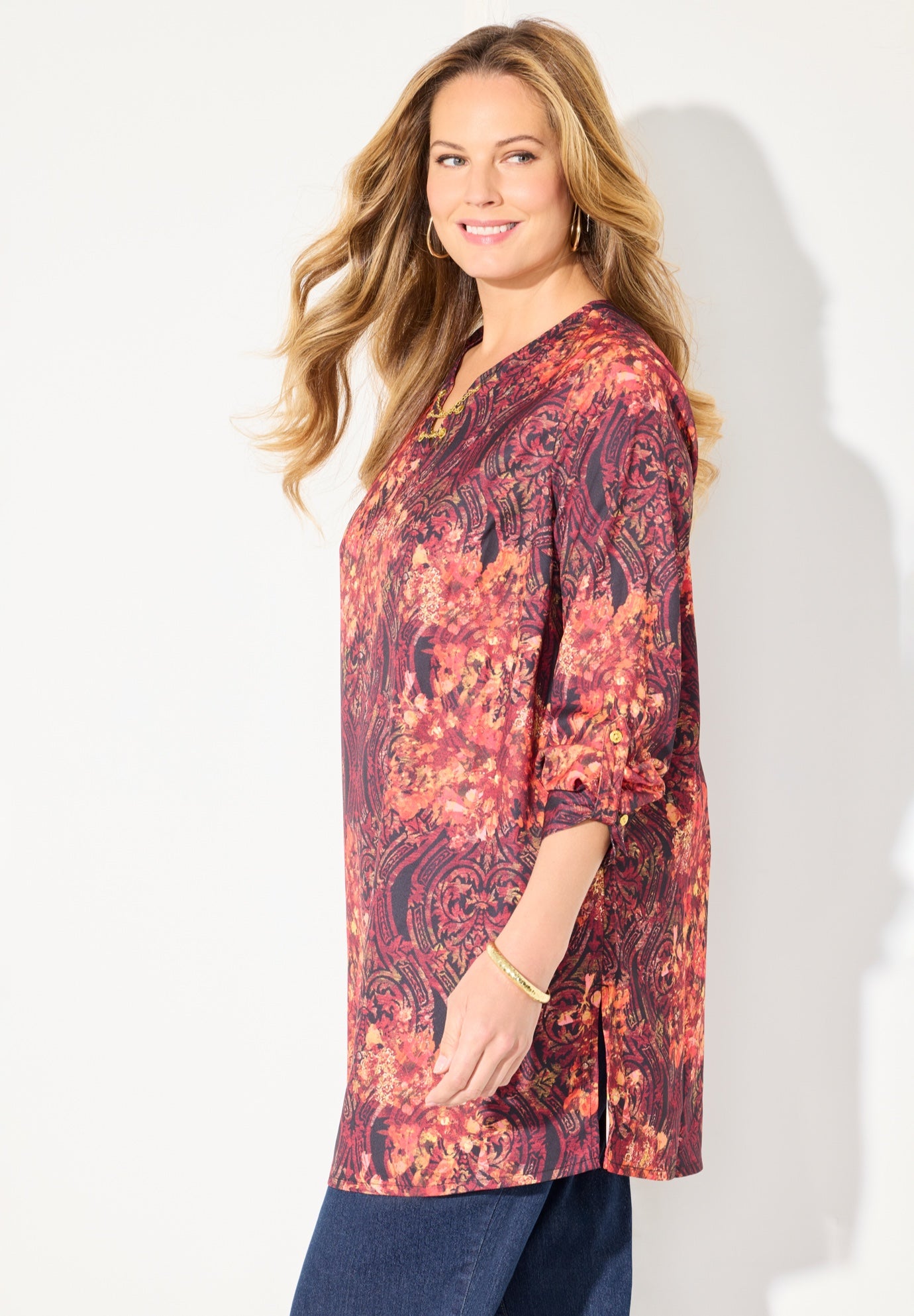 Chain Lace-Up V-Neck Tunic Blouse image number 3