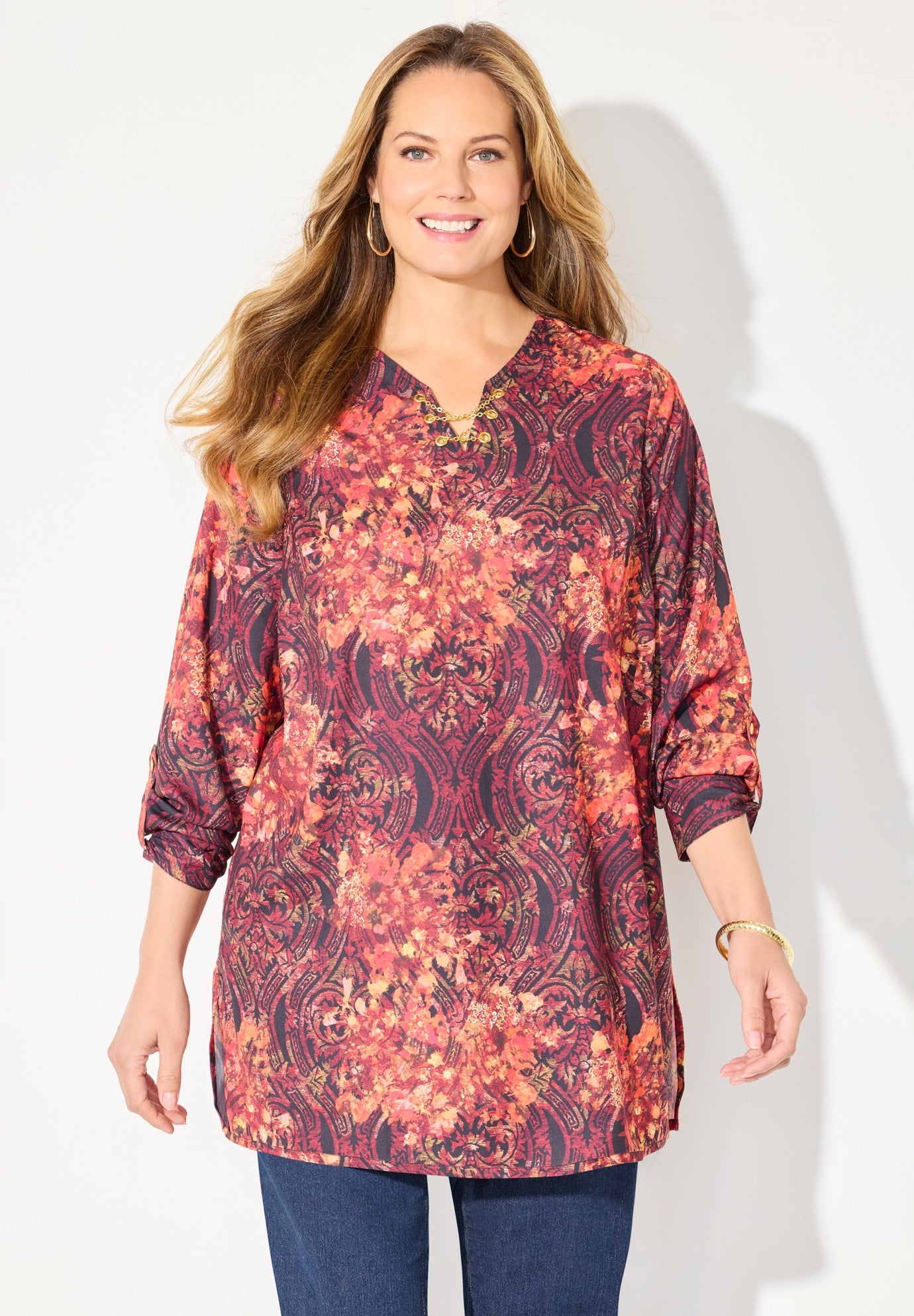 Chain Lace-Up V-Neck Tunic Blouse image number 1