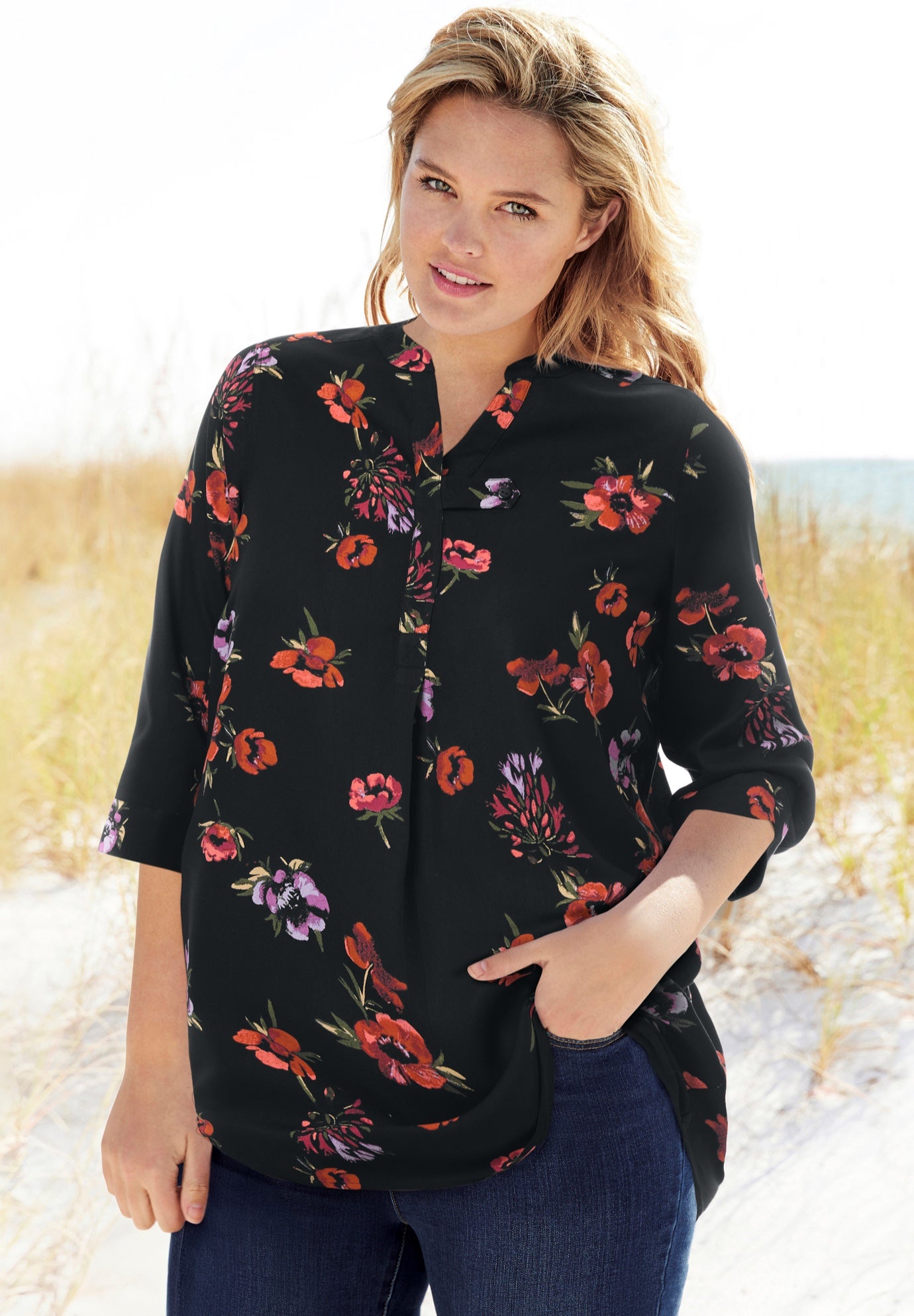 Rayon Three-Quarter Sleeve Effortless Tab-front Blouse image number 0