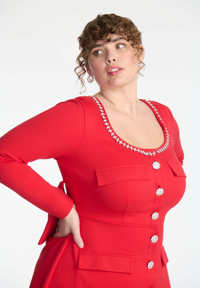 Eloquii X Kate Spade New York Dramatic Bow Rhinestone Mini Dress image number 3