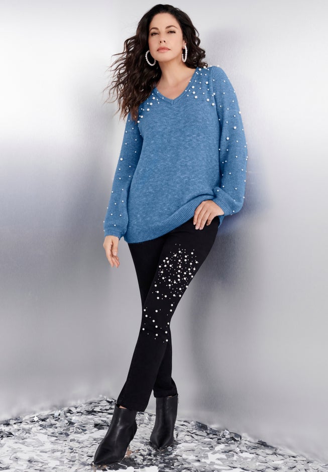 Embellished Pullover Sweater with Blouson Sleeves image number null