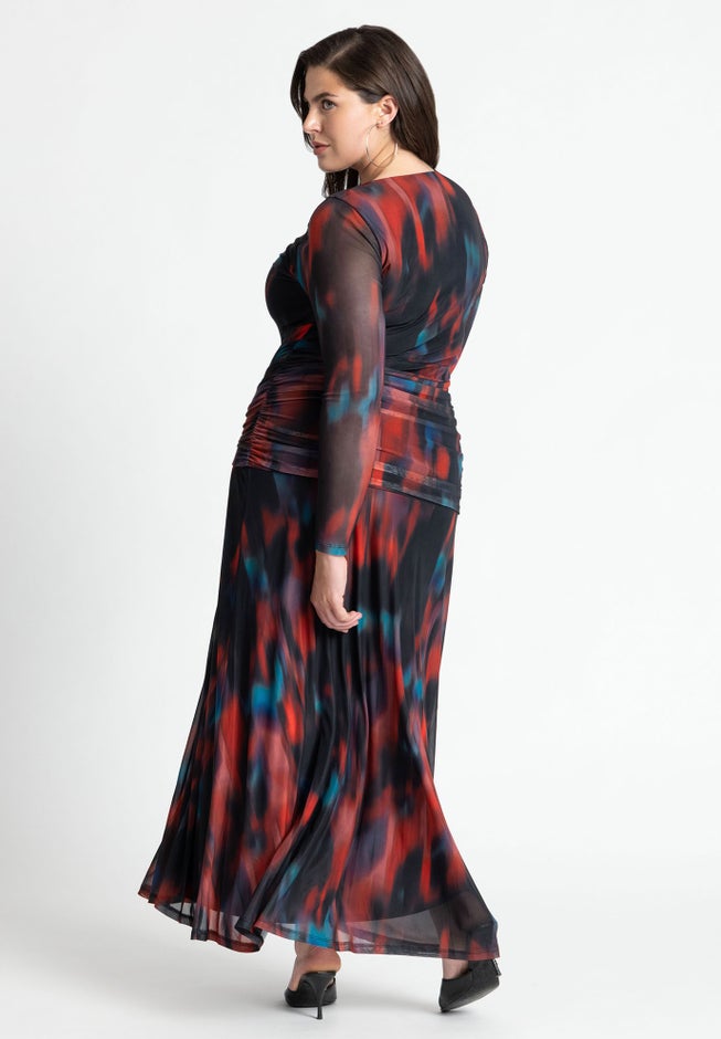 Printed Long Sleeve Mesh Dress With Slit image number null
