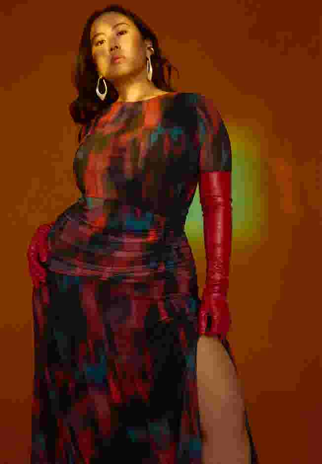 Printed Long Sleeve Mesh Dress With Slit image number 3