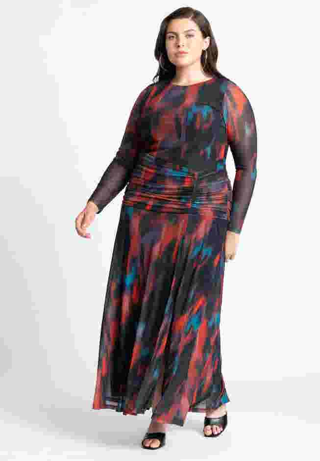Printed Long Sleeve Mesh Dress With Slit image number 0